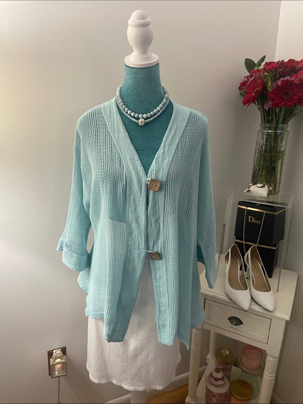 Jess & Jane Aqua Open Weave Button Front Cardigan
